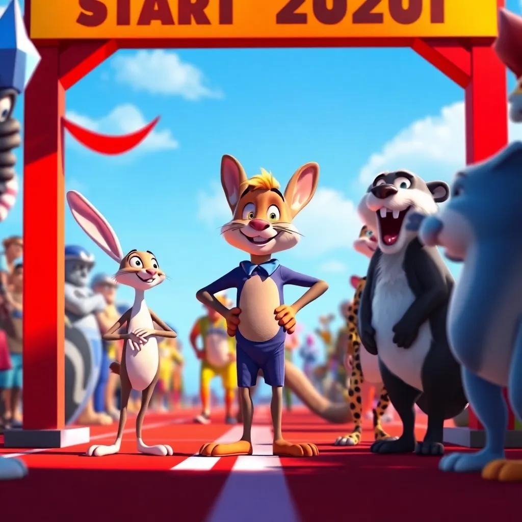 The starting line of the race with Soso proudly standing, the rabbit and cheetah laughing, other animals looking surprised, tension and excitement in the air, digital art, bright colors, dynamic composition