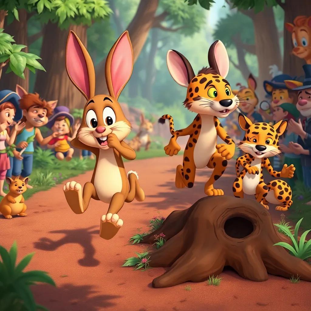 Soso running steadily while the rabbit trips over a tree root and the cheetah is tired on the side, surrounded by cheering forest animals, lively atmosphere, illustration, colorful and engaging, perspective of a race