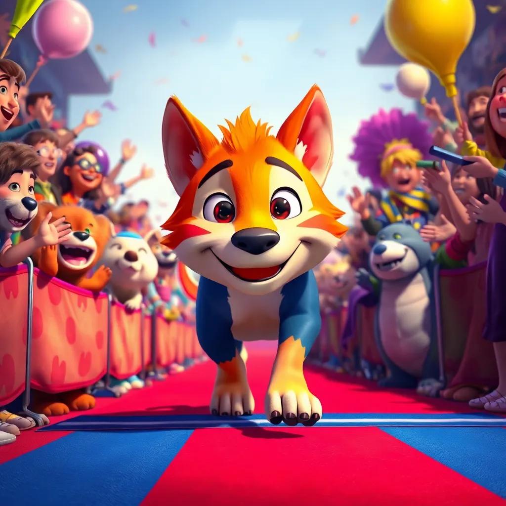 Soso approaching the finish line with a focused expression, while other animals watch in awe, the crowd cheering passionately, vibrant celebration, digital art, richly colorful, uplifting scene