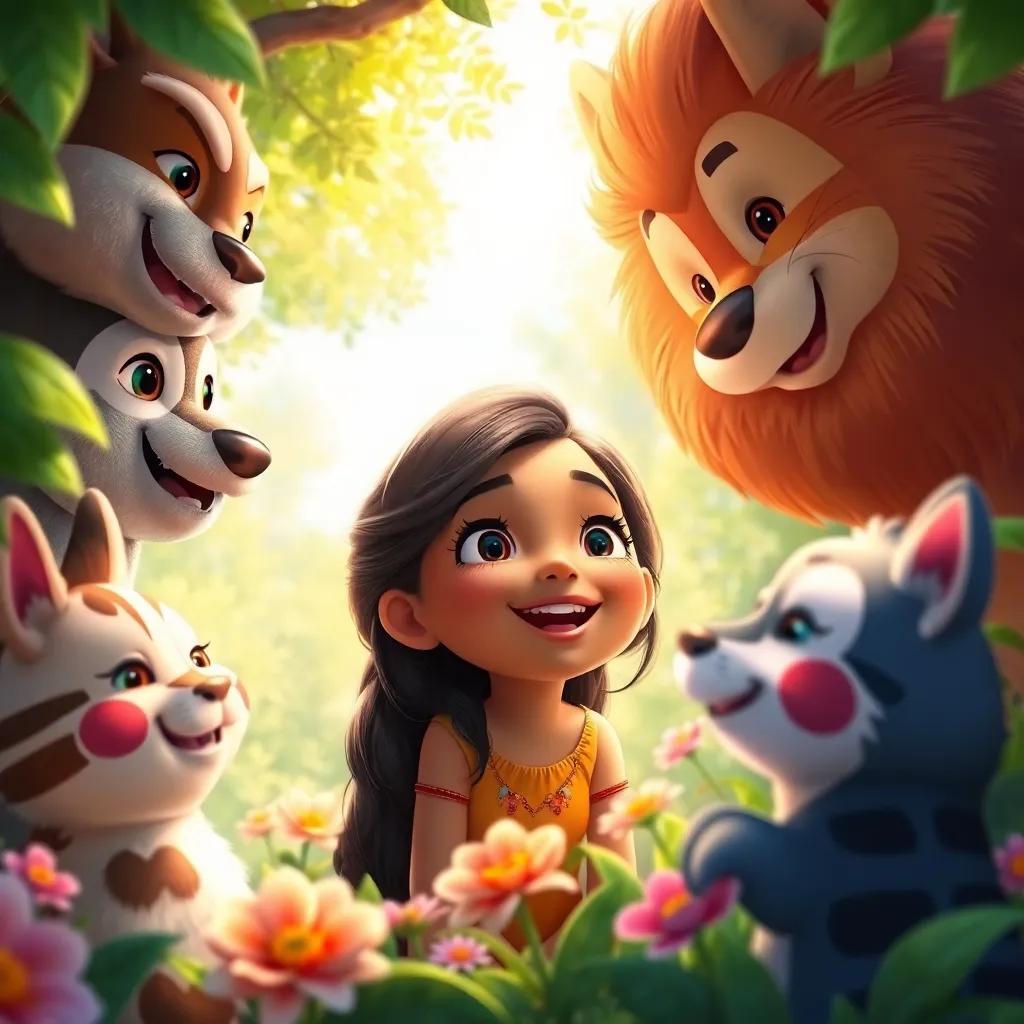 A close-up of Soso sharing her dream with forest animals, smiles and admiration all around, surrounded by flowers and greenery, bright and colorful, inviting light, joyful mood, illustration