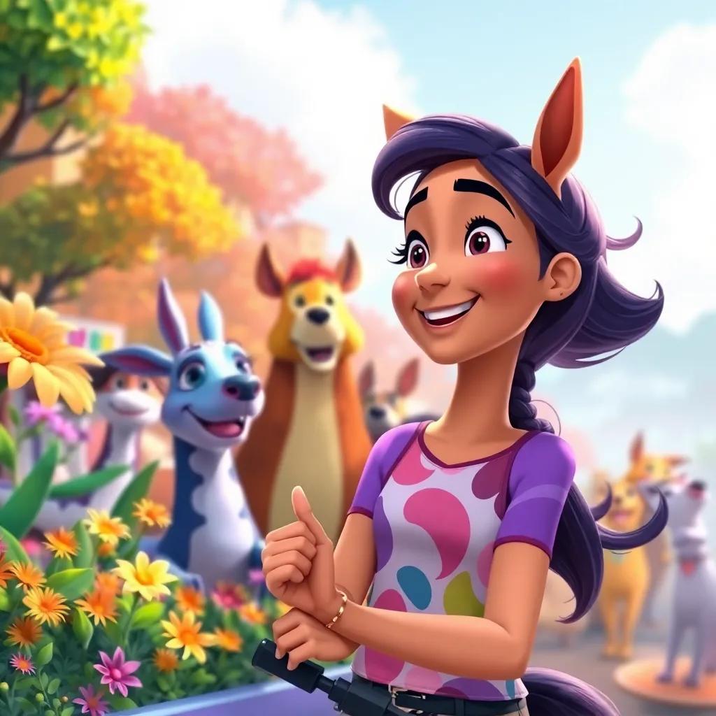 Soso's triumphant moment after the race, smiling and looking at the cheering animals, vibrant flowers and trees surrounding her, digital painting, colorful and vibrant, celebratory