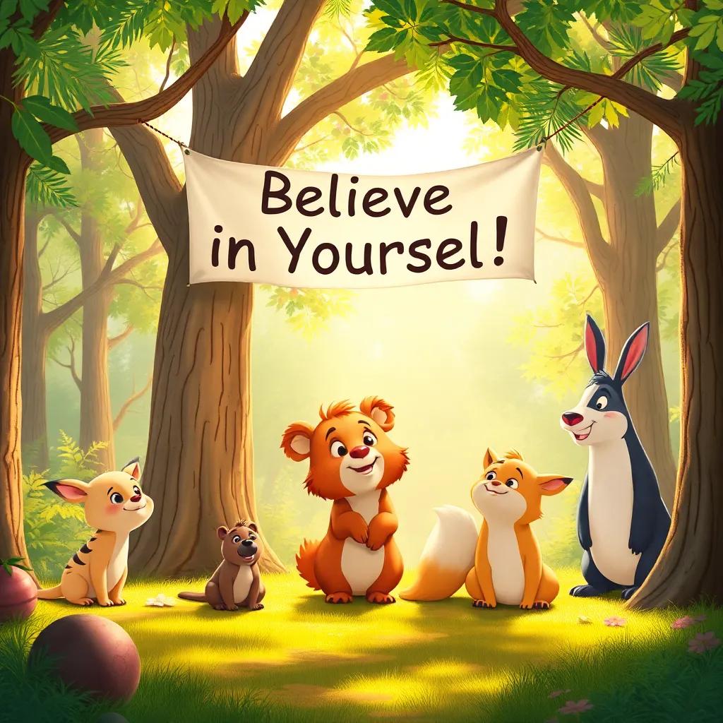 A peaceful forest scene with Soso inspiring other animals to pursue their dreams, a banner saying 'Believe in Yourself!' in the background, warm sunlight, positivity all around, illustration, bright and uplifting