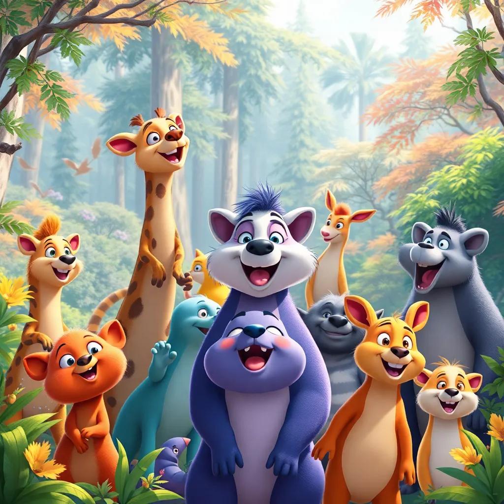 A group of different animals, inspired by Soso, each working towards their own dreams, colorful forest background with diverse species, enthusiastic expressions, illustration, bright colors, encouraging atmosphere