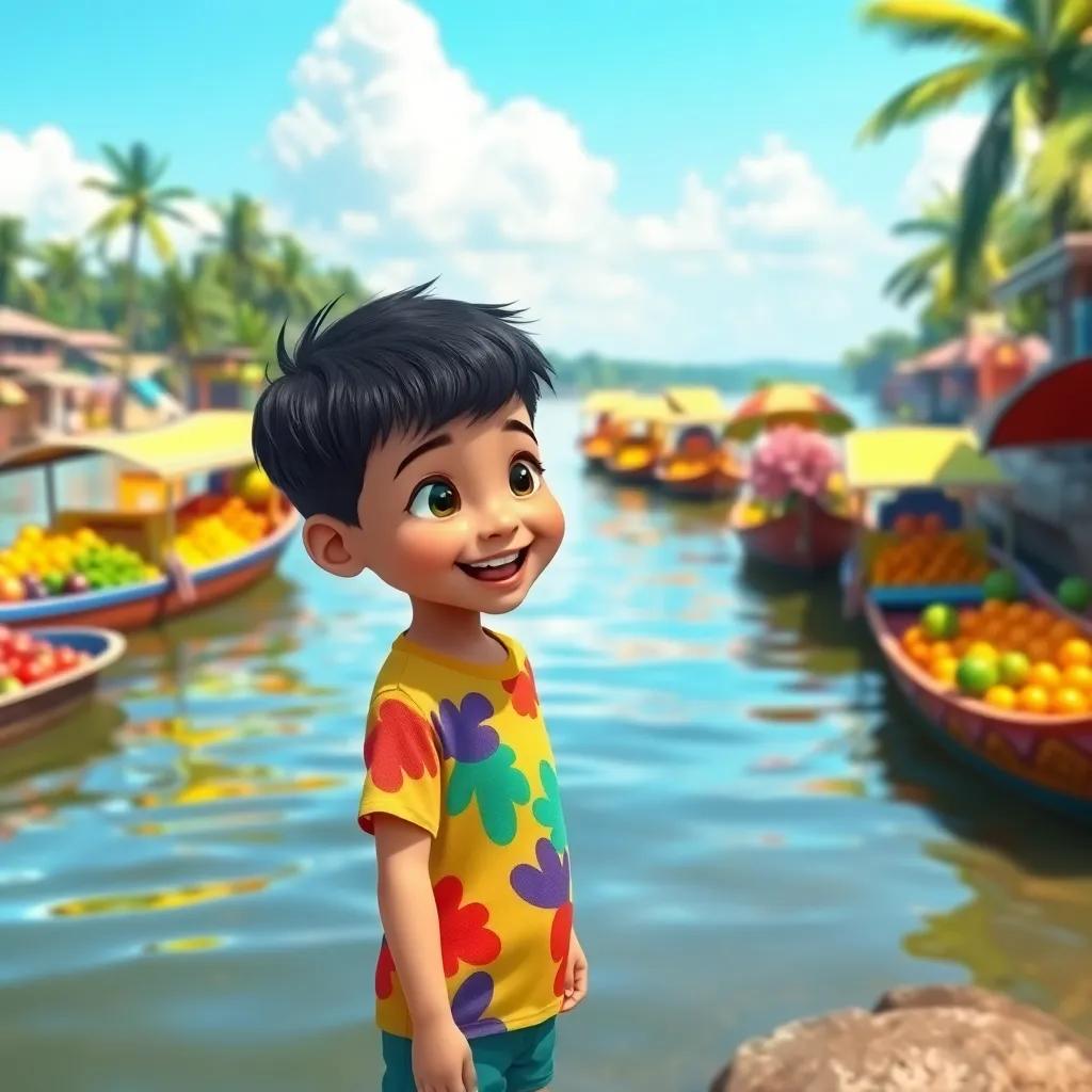 A young Indonesian boy, Adil, with short black hair, wearing a colorful t-shirt and shorts, standing on a riverbank, excitedly looking at colorful floating boats filled with fruits and vegetables, bright sunny day, vibrant colors, cheerful atmosphere, digital art, high quality