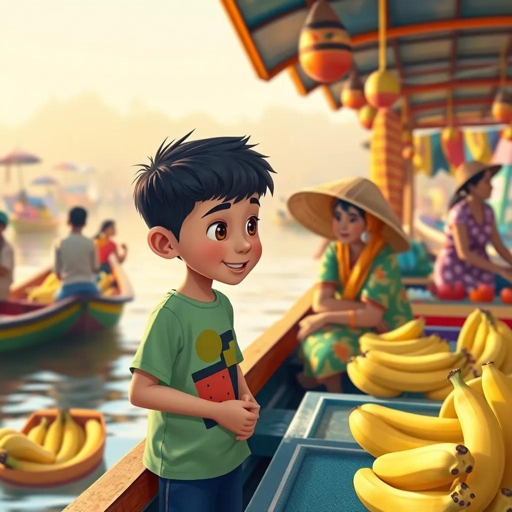 Adil, a young Indonesian boy with short black hair in a colorful t-shirt, talking to a friendly seller woman on a colorful boat with bananas, lively market scene with other boats around, warm light, engaging environment, illustration, child-friendly