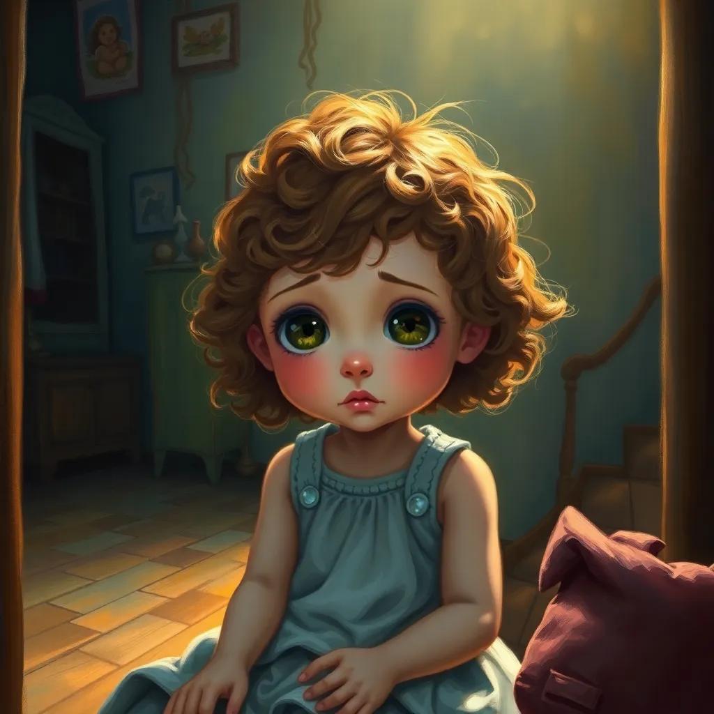 A small girl, سول, with big brown eyes and medium curly hair, sitting in a dimly lit room looking sad, wearing a simple dress, detailed, warm lighting, soft colors, storytelling view, fantasy art