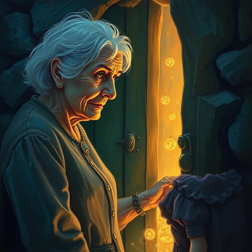 An elderly woman, with a kind face, guiding سول into a mysterious door, surrounded by soft glowing lights, trying to keep her calm, detailed, enchanting atmosphere, inviting warmth, fantasy art