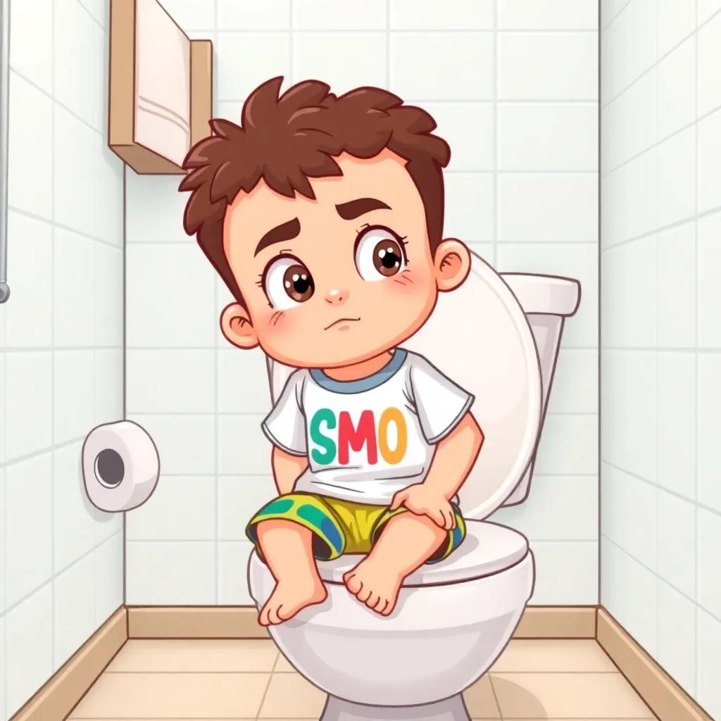 A small boy, Sumo, with short curly hair, wearing a cheerful t-shirt and colorful shorts, looking determined while sitting on a toilet, bright bathroom, cartoon style, friendly atmosphere, high quality