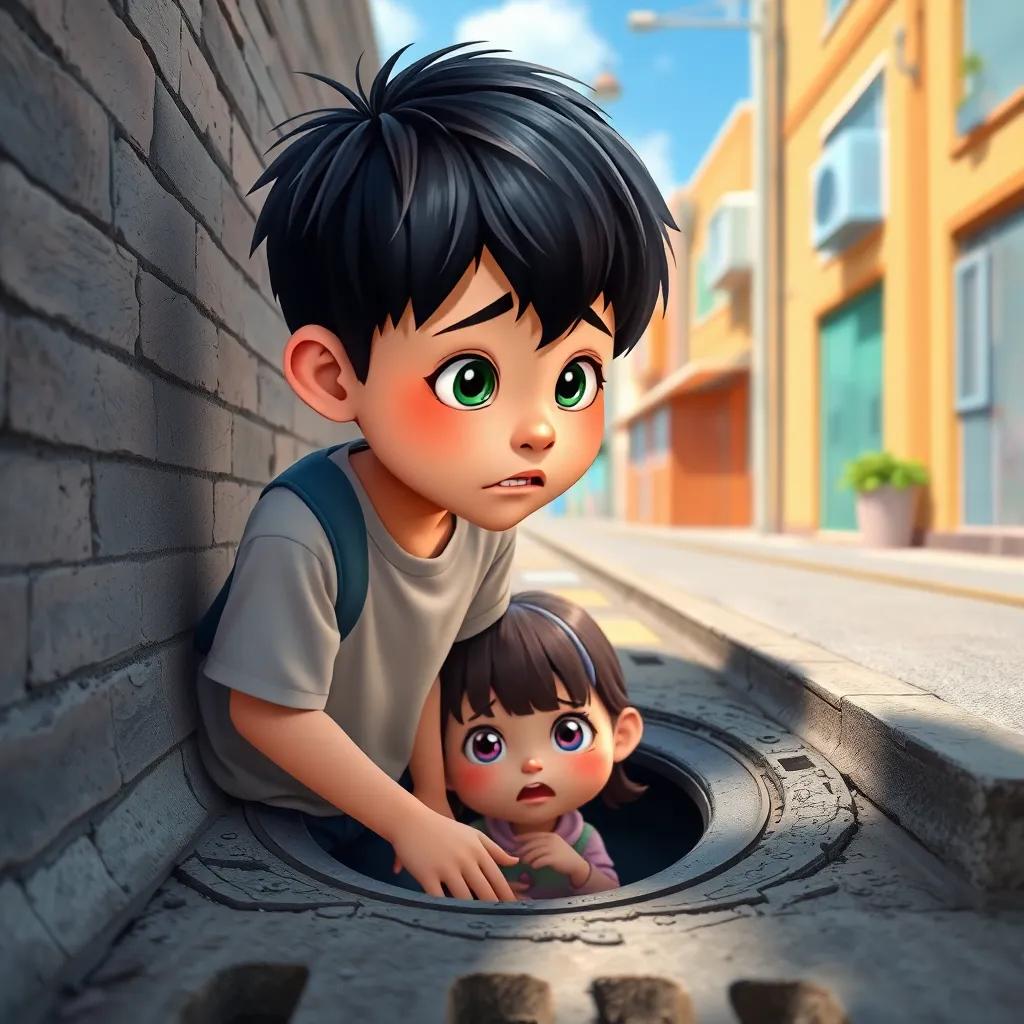A handsome young boy, Songhoon, with short black hair, wearing a casual t-shirt and jeans, helping a girl stuck between a sewer grate, worried expression, sunny day, cartoon style, colorful, cheerful atmosphere
