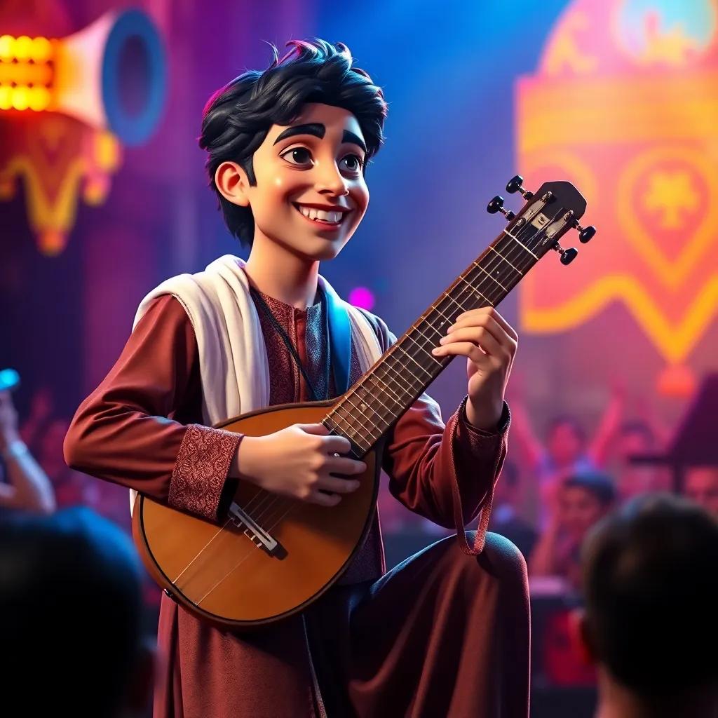 A young Egyptian man, Sayyid Darwish, with dark hair and a bright smile, dressed in traditional Egyptian attire, playing the oud on a small stage in Cairo, surrounded by an audience, passionate atmosphere, colorful lights, concert scene, high quality, energetic and engaging