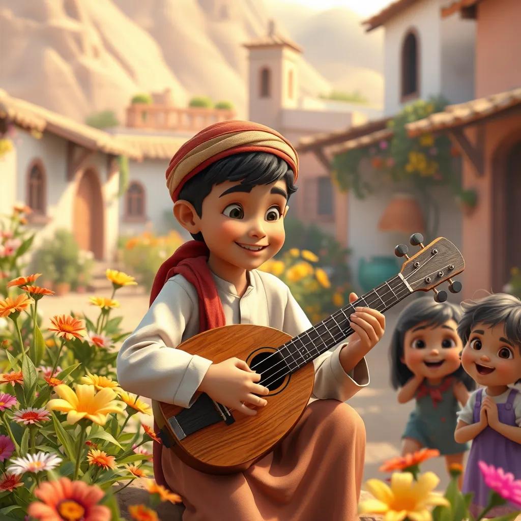A young Arab boy, سيد درويش, playing an oud in a vibrant village, surrounded by colorful flowers and smiling children listening, digital art, warm colors, cheerful atmosphere, high quality