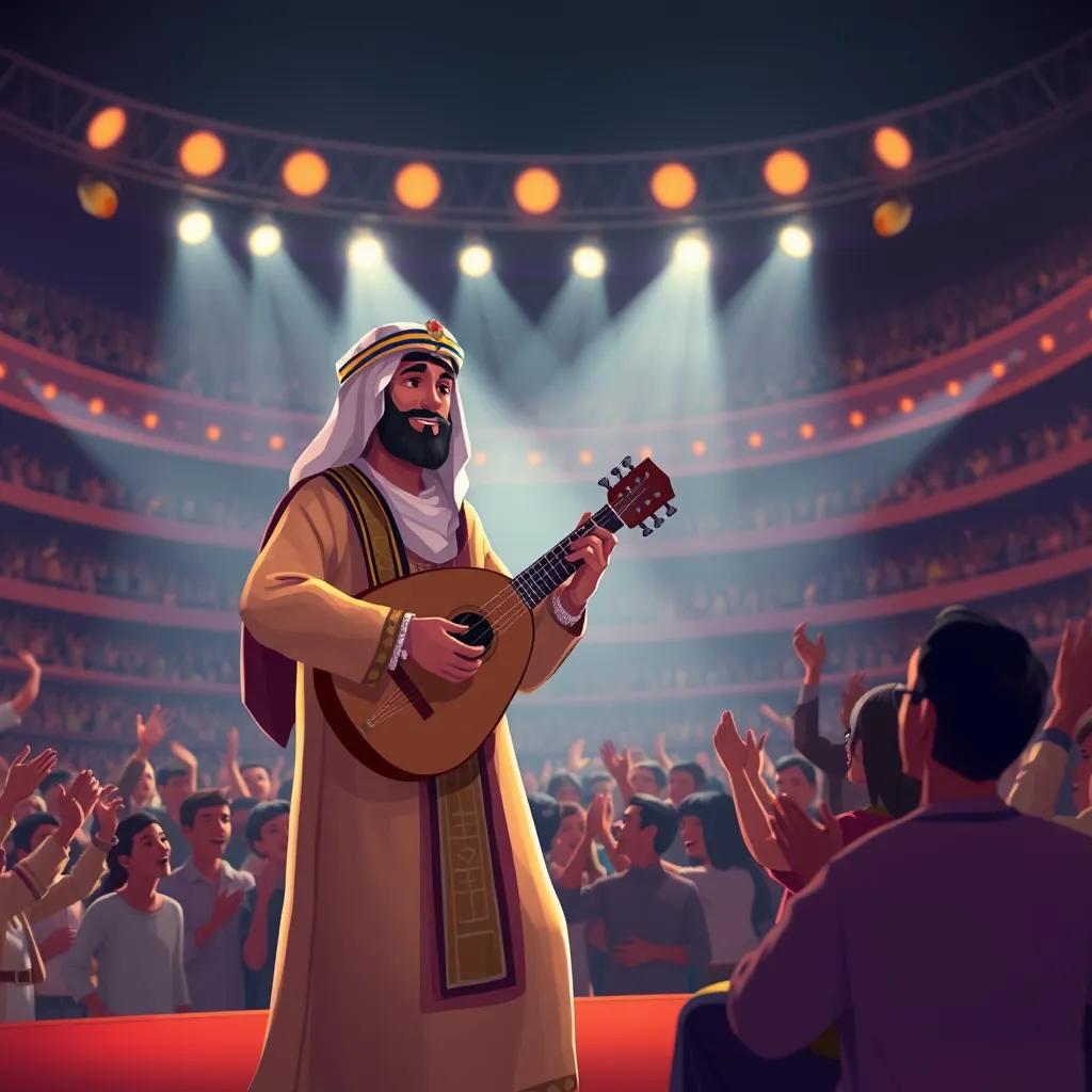 سيد درويش, wearing traditional Egyptian clothes, strumming the oud on a grand stage filled with lights, an excited audience clapping, illustration, bright lights, lively mood