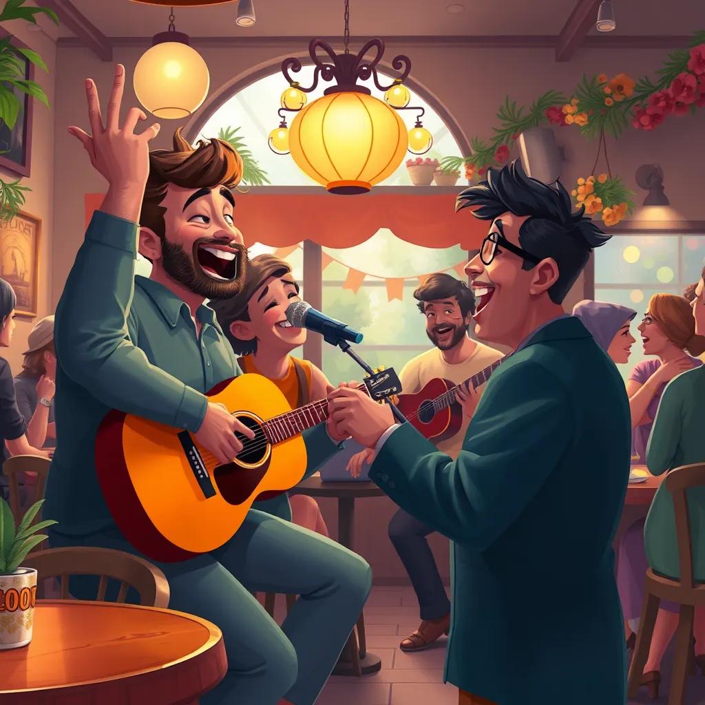 A lively scene shows سيد درويش in a cafe, singing with passion, people enjoying his music and dancing, warm interiors, colorful decorations, joyful atmosphere, digital painting