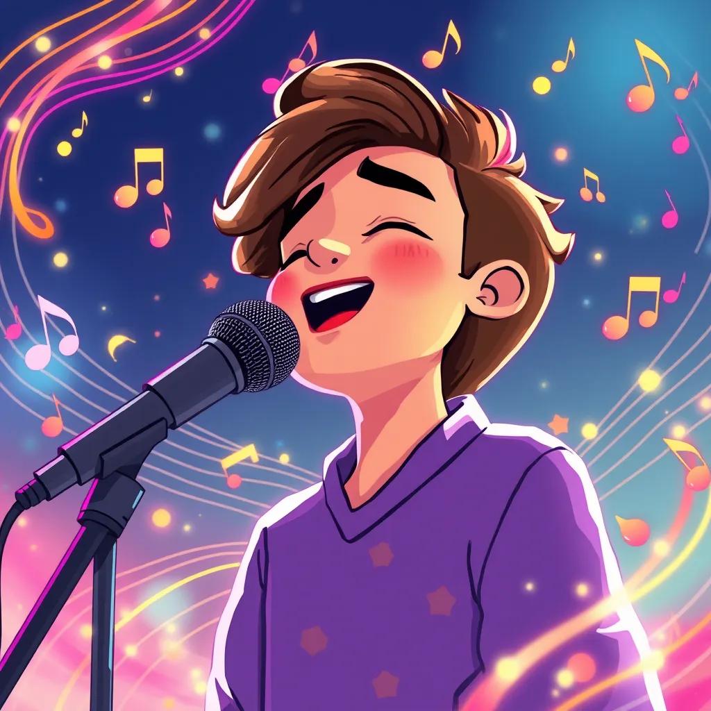An illustration of سيد درويش, with a microphone, singing about the people's dreams, surrounded by flowing musical notes and vibrant colors, fantasy art, uplifting