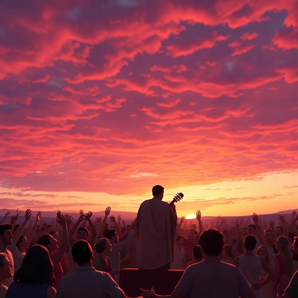 سيد درويش, standing proud with an oud at sunset, with a crowd of happy fans cheering, a beautiful sky behind them, heartwarming scene, rich colors, inspiring imagery
