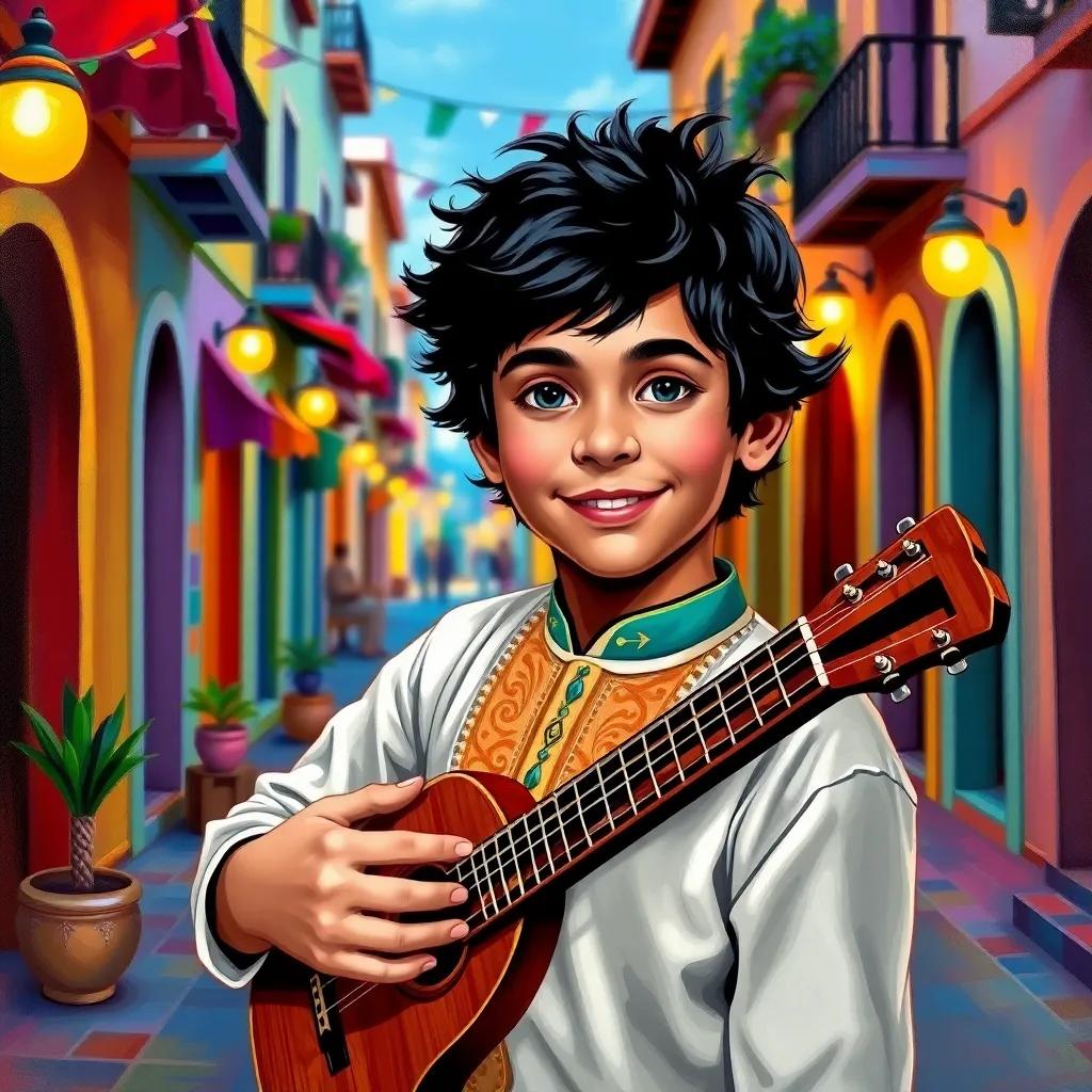A young Egyptian boy, سيد درويش, with dark hair, wearing a traditional Egyptian shirt, standing in a colorful Alexandria street, holding a musical instrument with excitement, vibrant colors, cheerful atmosphere, high quality