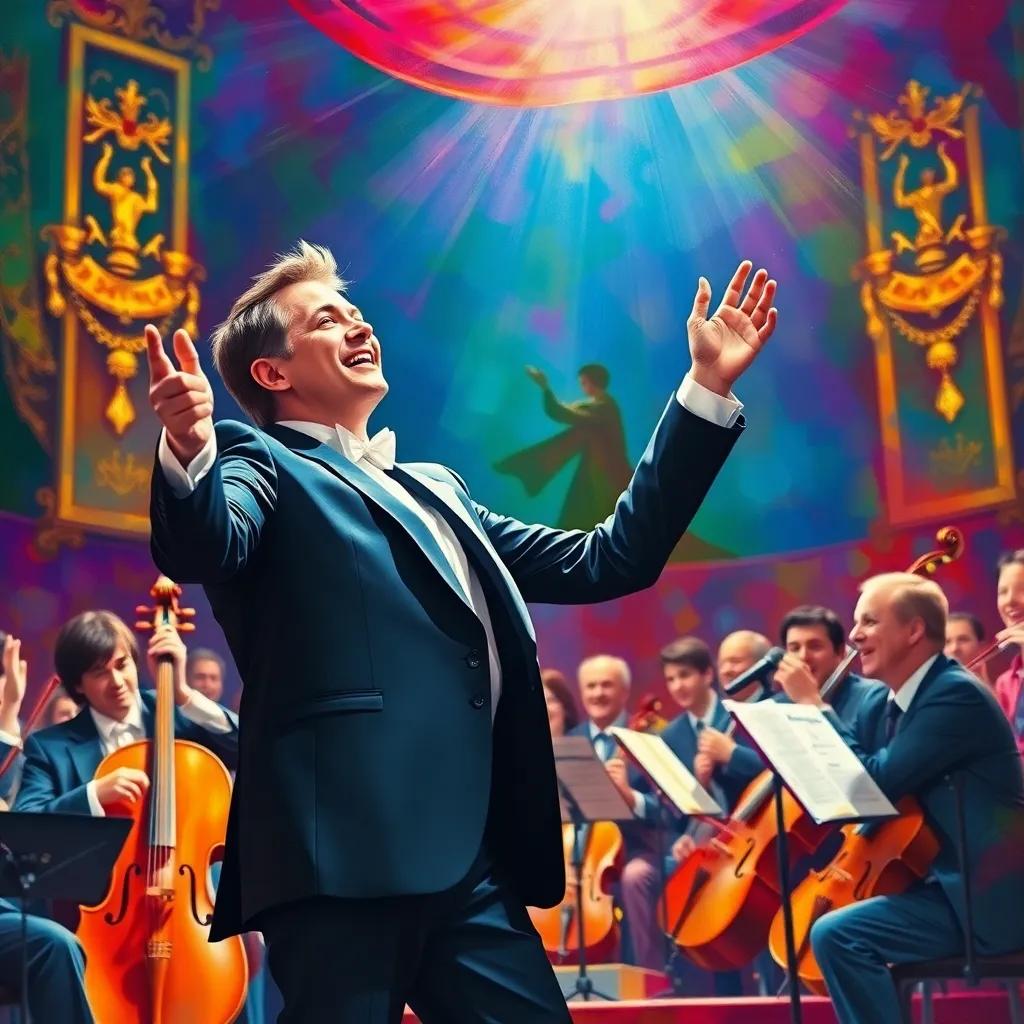 سيد درويش as an adult, passionately performing on stage with an orchestra, dressed in a formal suit, spotlight shining on him, audience clapping joyfully, colorful background, vibrant energy, high quality