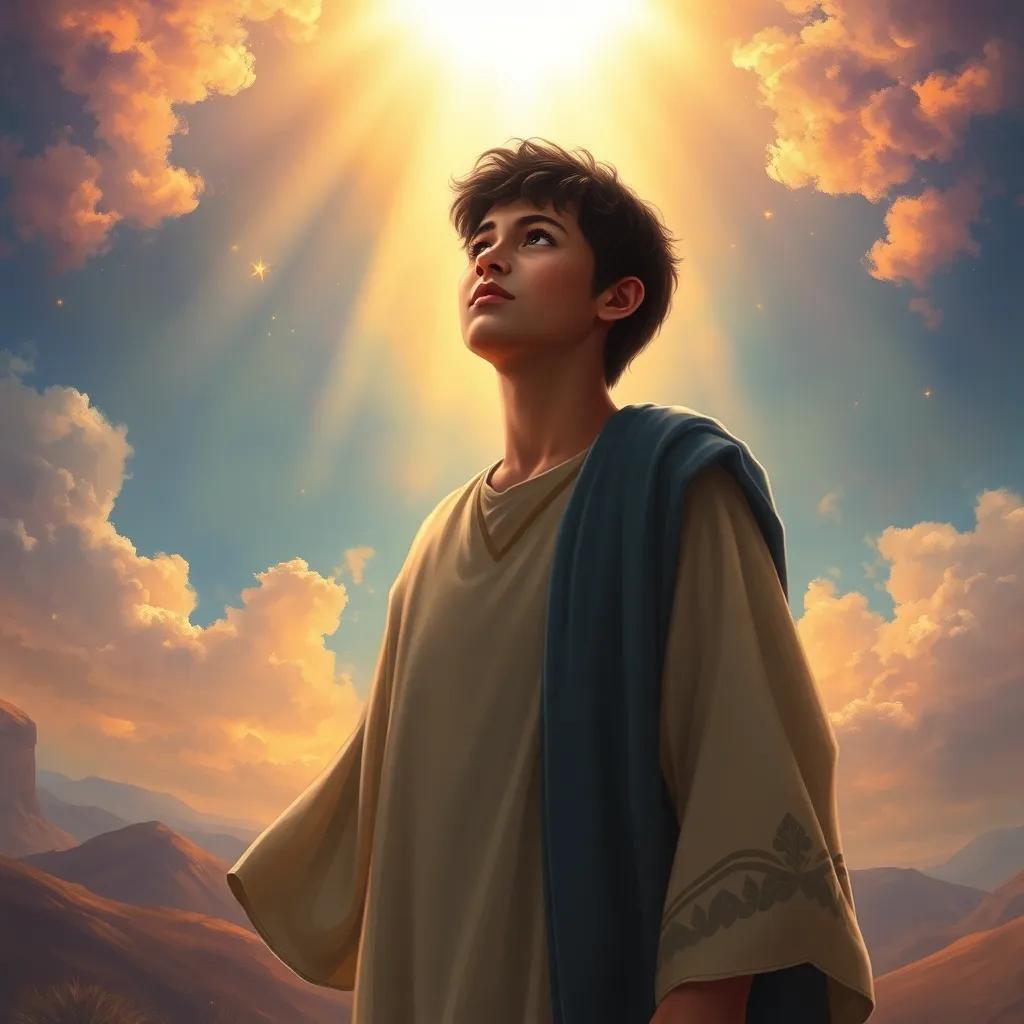 Muhammad, a young Arab man, with short dark hair, wearing a flowing thobe, standing on a hill with a glowing light around him, looking with wonder, the sky changing with colors symbolizing revelation, digital painting, uplifting, warm light, high quality