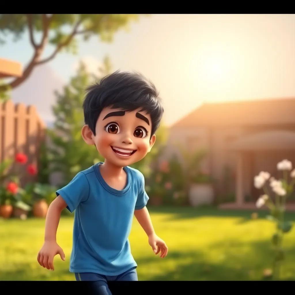 A young Arab boy, Saif, with short black hair, wearing a blue t-shirt and shorts, playing in a sunlit garden with a big smile, digital art, bright colors, cheerful atmosphere, high quality