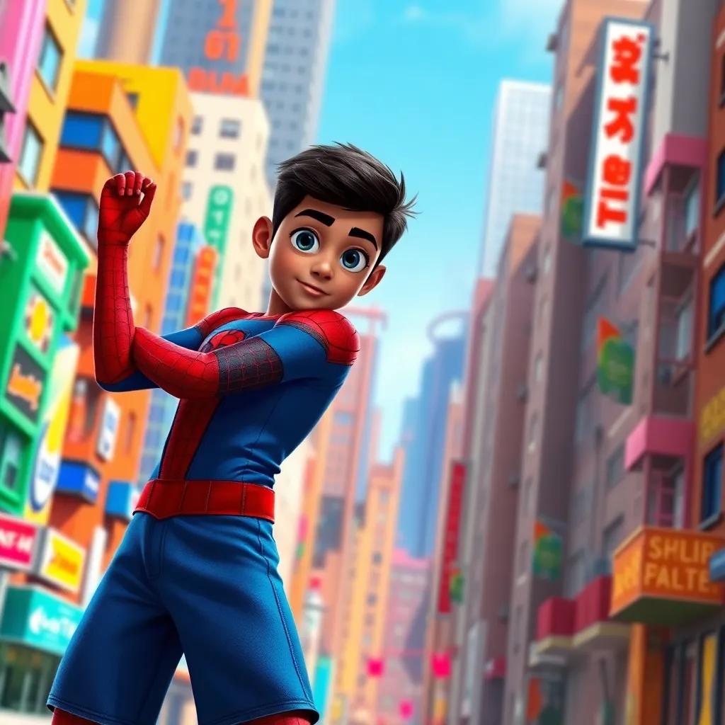 A young Arab boy, Saif, with short black hair, wearing a blue t-shirt and shorts, standing beside Spider-Man in a colorful cityscape, ready to fight villains together, action-packed scene, vibrant colors, lively atmosphere, high quality
