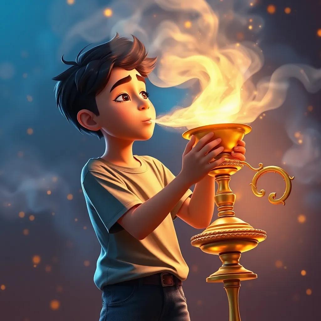 Saif, a young Arab boy with short black hair in a t-shirt and jeans, blowing into a golden lamp, magical mist emerging from it, swirling colors of blue and gold, sparkling lights, digital art, enchanting scene, high quality