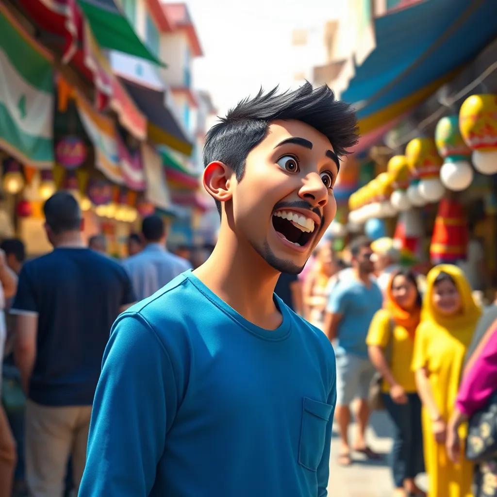 A young Arab man, Shadi, with short black hair wearing a blue shirt, passionately talking to his friends in a bustling Gaza market, full of colorful stalls and happy people, digital art, bright colors, cheerful atmosphere, engaging scene, high quality
