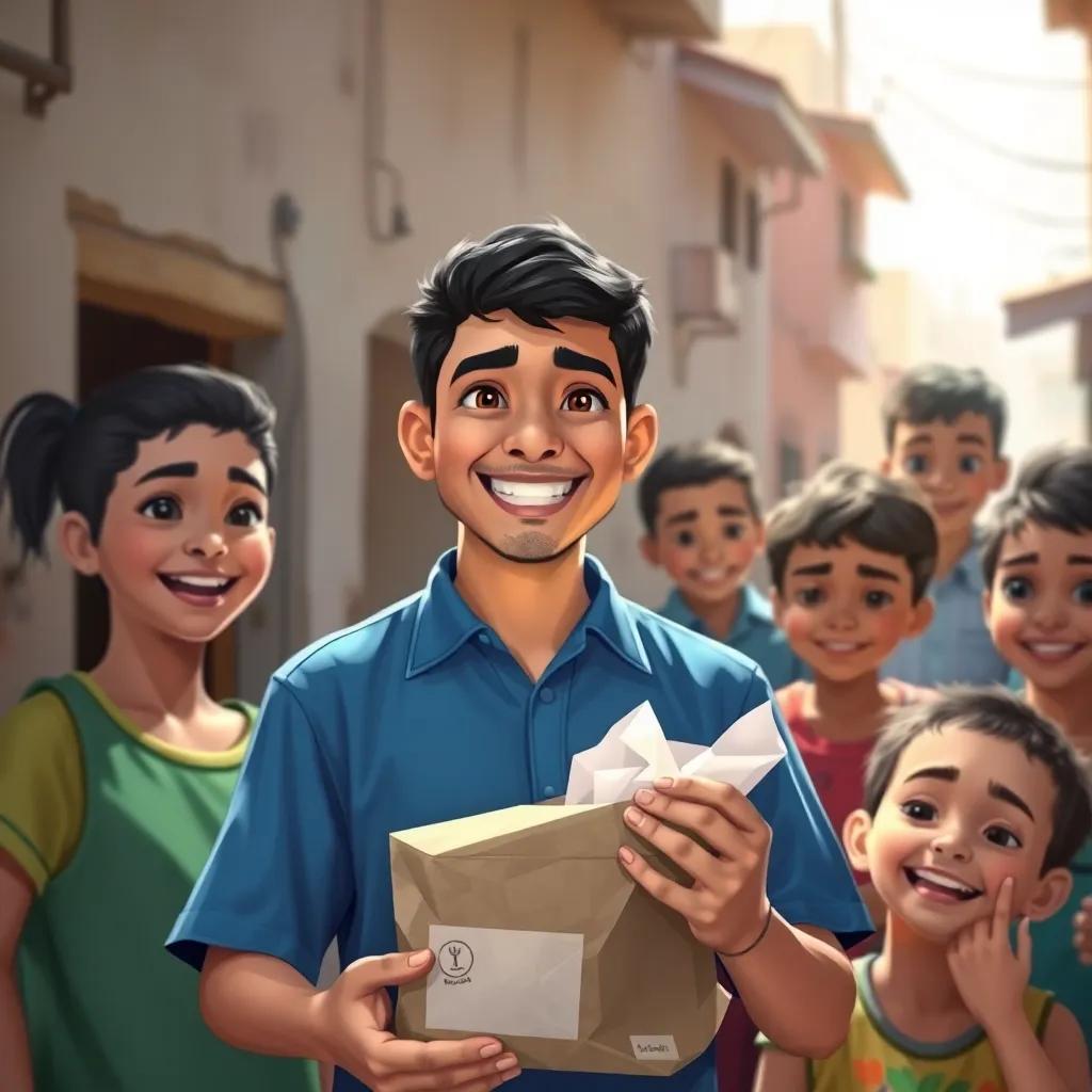 Shadi, a young Arab man with short black hair in a blue shirt, happily collecting donations in his neighborhood, surrounded by smiling children and supportive neighbors, warm light, colorful, optimistic and community-focused, digital painting, inspiring energy, high quality