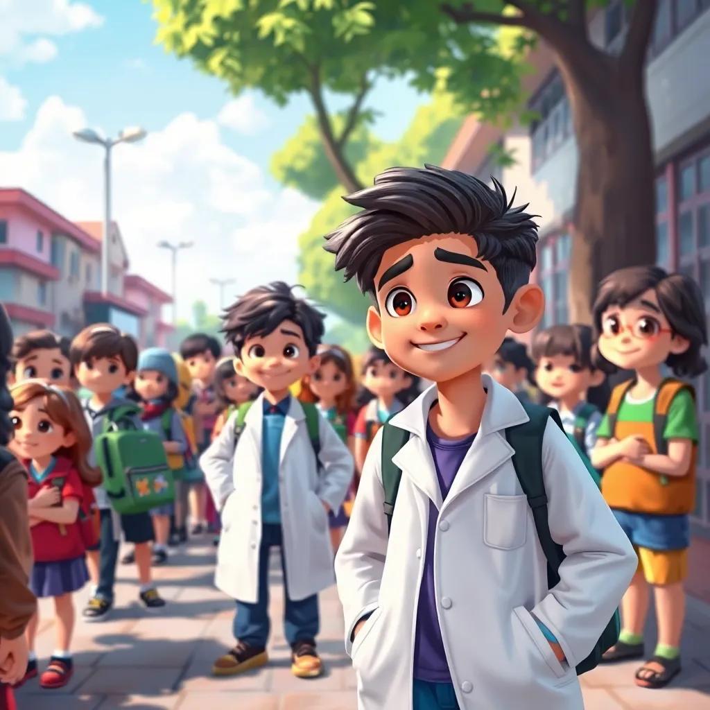 A busy schoolyard with children waiting for the school day to start, Shadi wearing a clean white lab coat with a sweet fragrance, and Murad in regular clothes, feeling indifferent about the school uniform, vibrant colors, cheerful atmosphere, digital art.