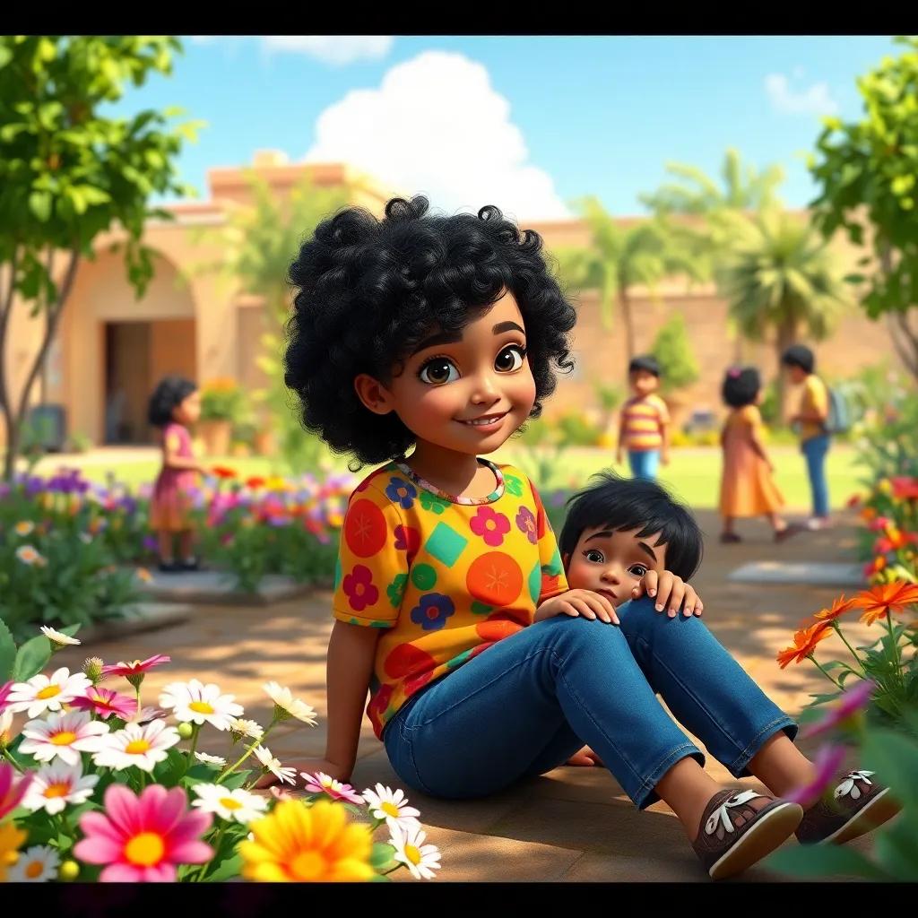 A young Moroccan girl, Shama, with curly black hair, wearing a colorful shirt and jeans, sitting in a school garden with her younger sister, Gihta, surrounded by flowers and other children playing, digital art, cheerful atmosphere, vibrant colors, sunny day, high quality