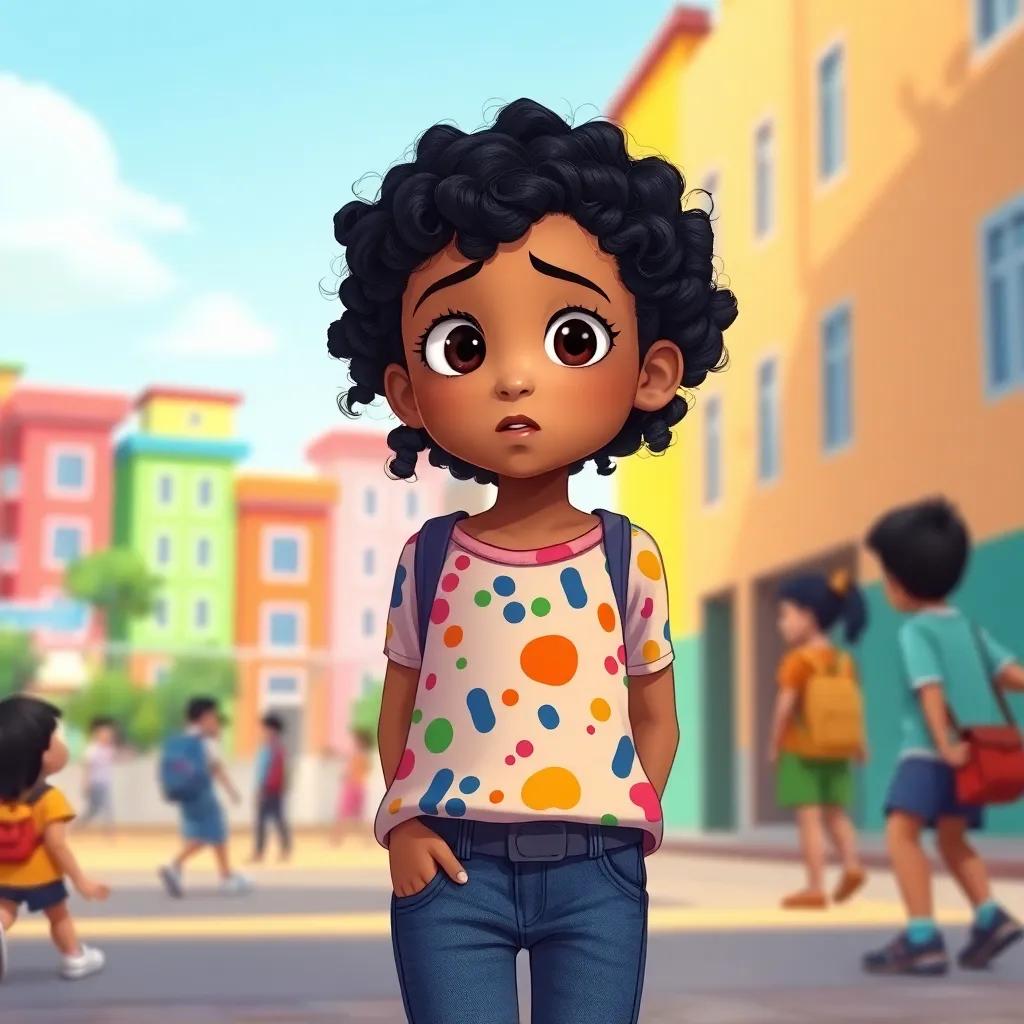 A young Moroccan girl, Shama, with curly black hair in a colorful shirt and jeans, feeling nervous on her first day of school, looking at other kids playing, with colorful school buildings in the background, illustration, emotional, warm light, child-friendly, storytelling view