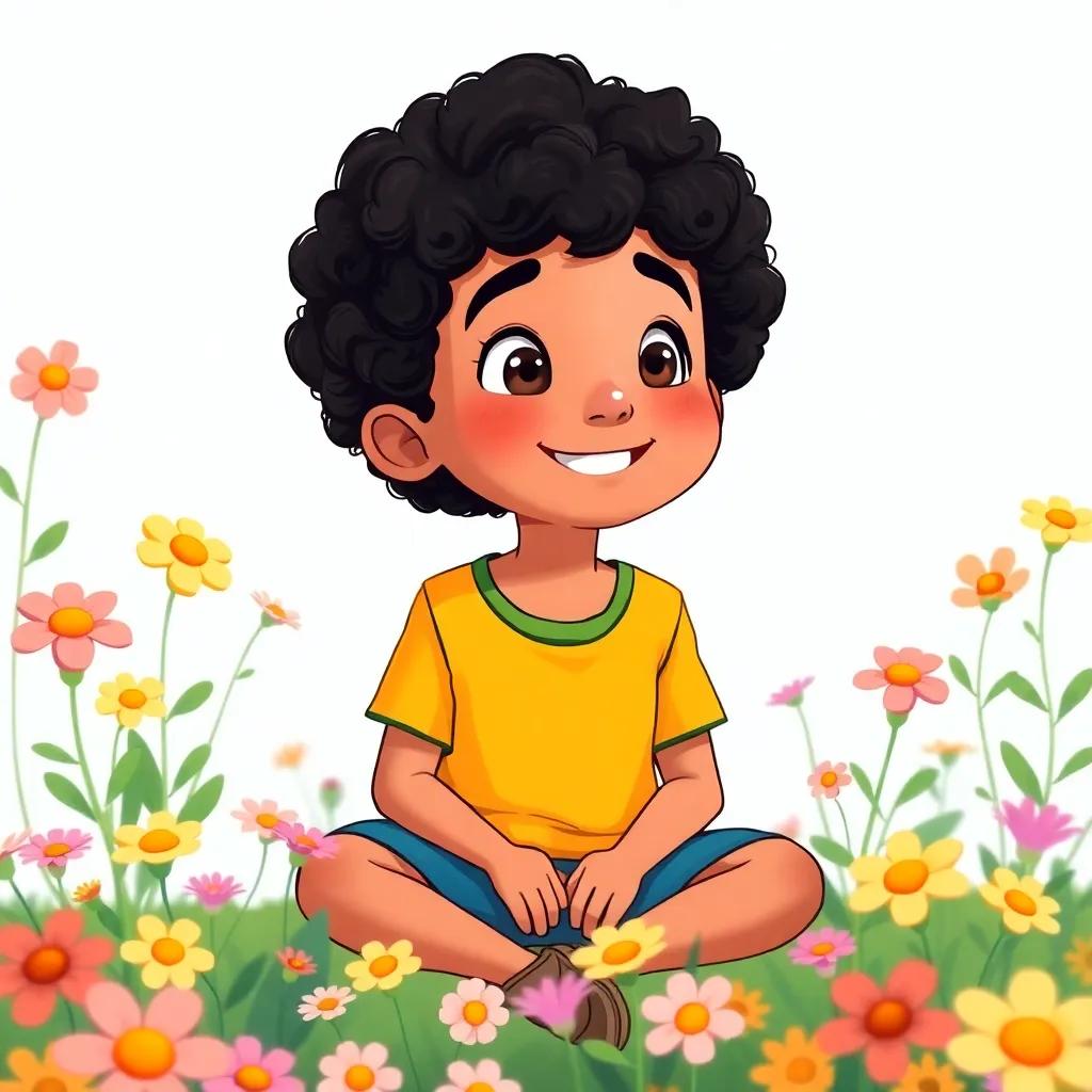 Sami, a cheerful Arab boy around 6 years old with curly black hair, wearing a bright t-shirt and shorts, sitting among flowers, thinking thoughtfully, illustration, joyful, uplifting, child-friendly
