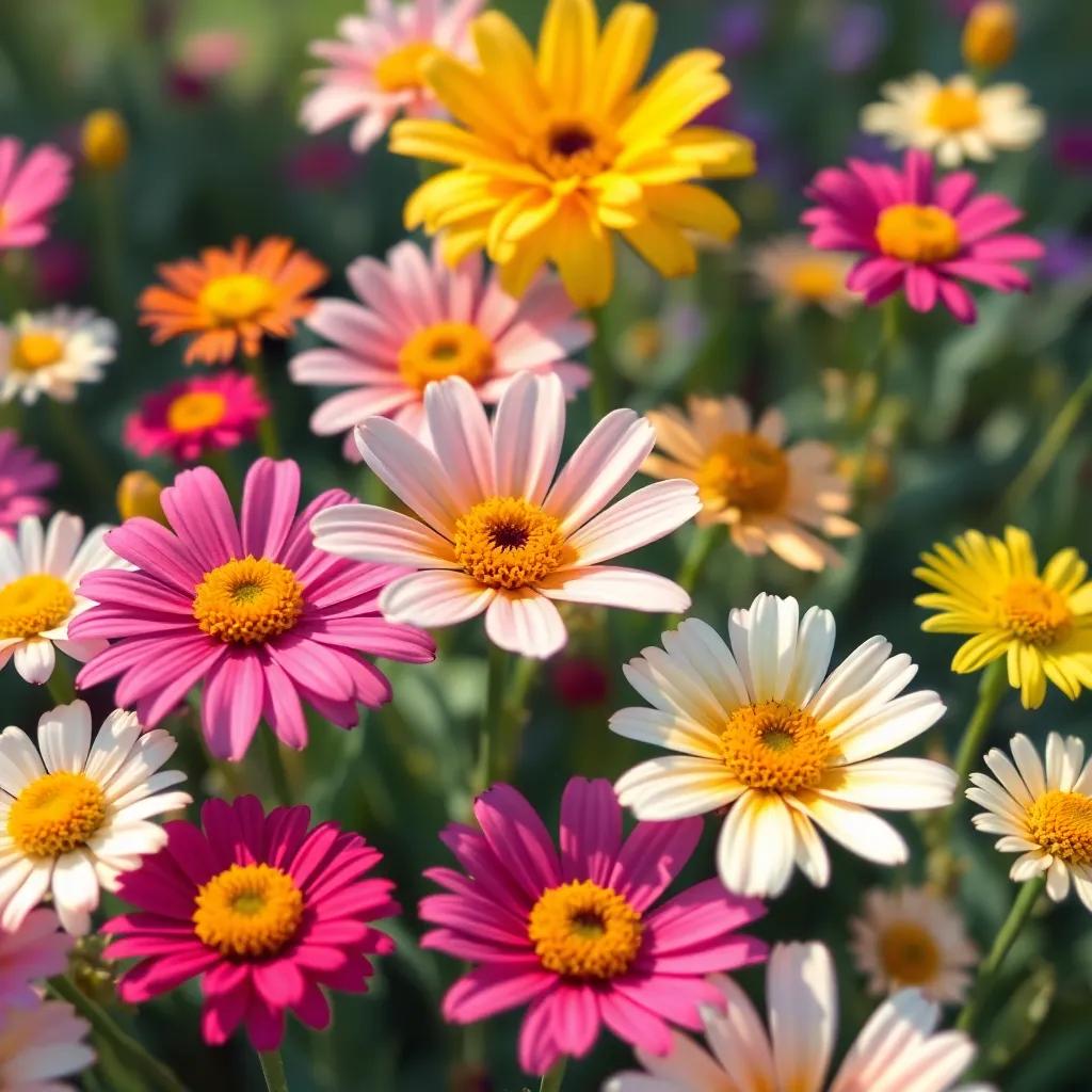 A close-up of different flowers in the garden, showing their unique colors and shapes, digital painting, cheerful, bright light, vibrant