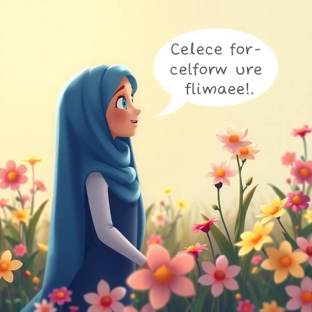 Sami talking to the flowers, encouraging them to celebrate their uniqueness, surrounded by happy flowers, illustration, inspiring, warm colors