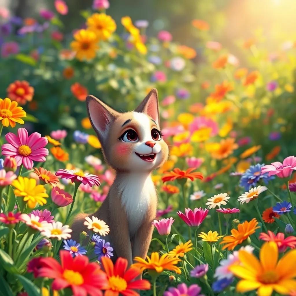 The garden in full bloom, with all the flowers together in harmony, a beautiful rainbow of colors, Sami happily watching, digital art, vibrant, delightful scene, high quality