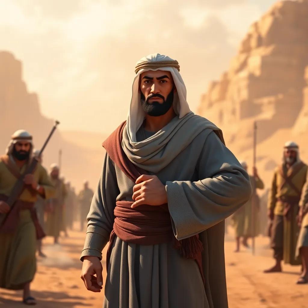Abu Bakr, a strong Arab man in traditional robe, standing bravely in front of enemies with a protecting stance, a determined expression on his face, amidst a historical desert landscape, dramatic light, rich colors, storytelling atmosphere, digital art