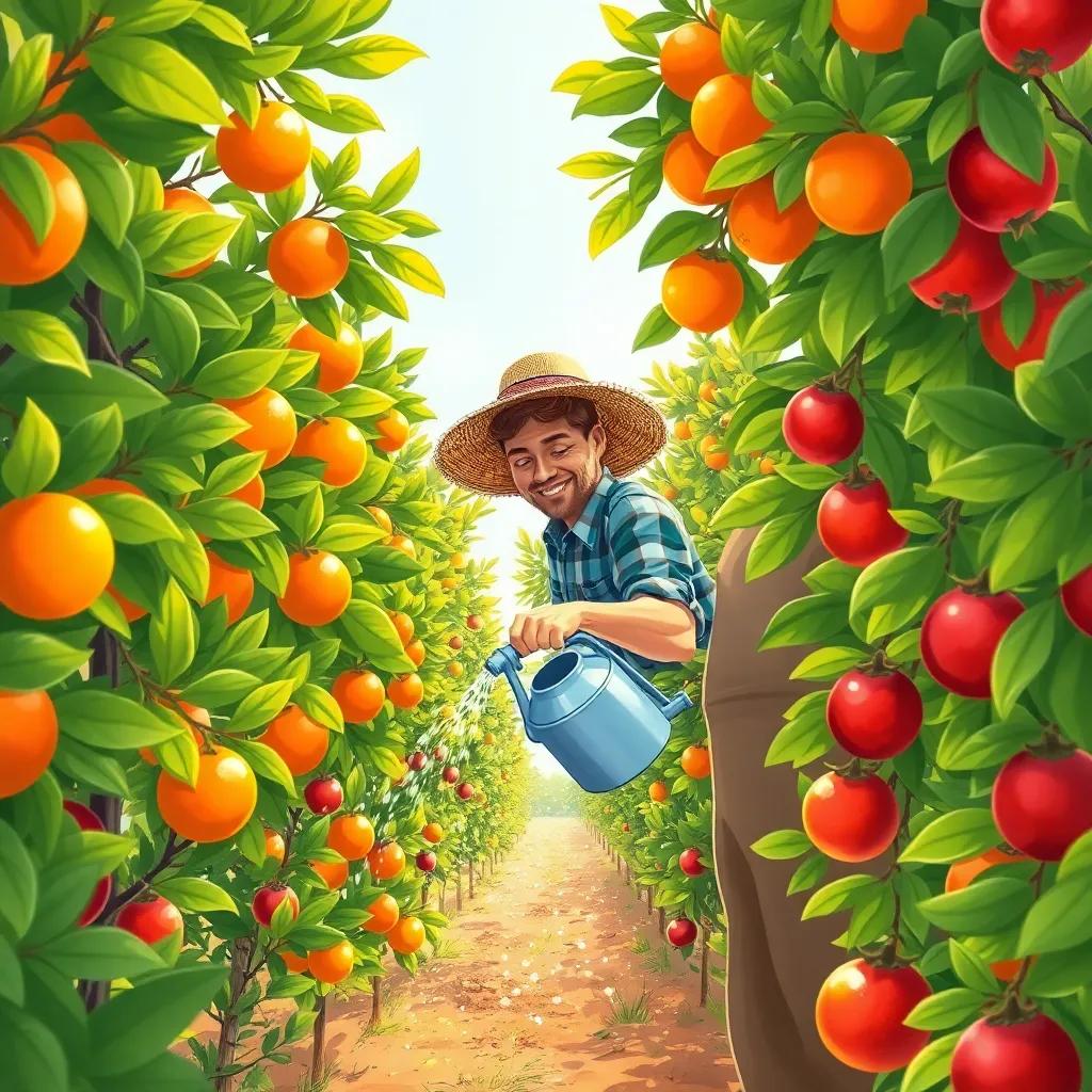 A close-up of the farmer watering the orange and pomegranate trees, vibrant green leaves and bright fruits shining, sunlight filtering through the branches, detailed digital art, uplifting, lively scene
