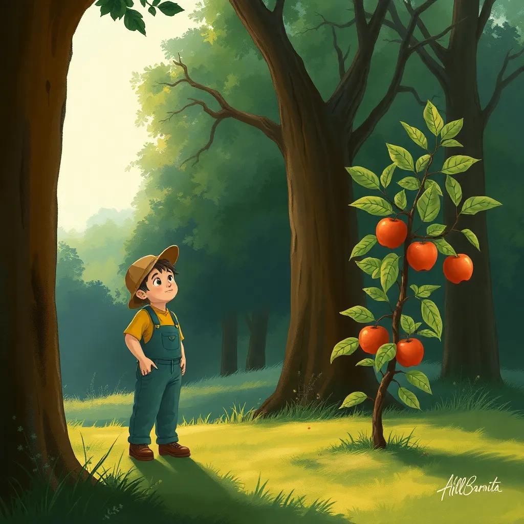 The farmer looks worriedly at the small apple tree, standing in the shadow of the taller trees, wind gently swaying the branches, detailed painting, emotional tone, soft lighting