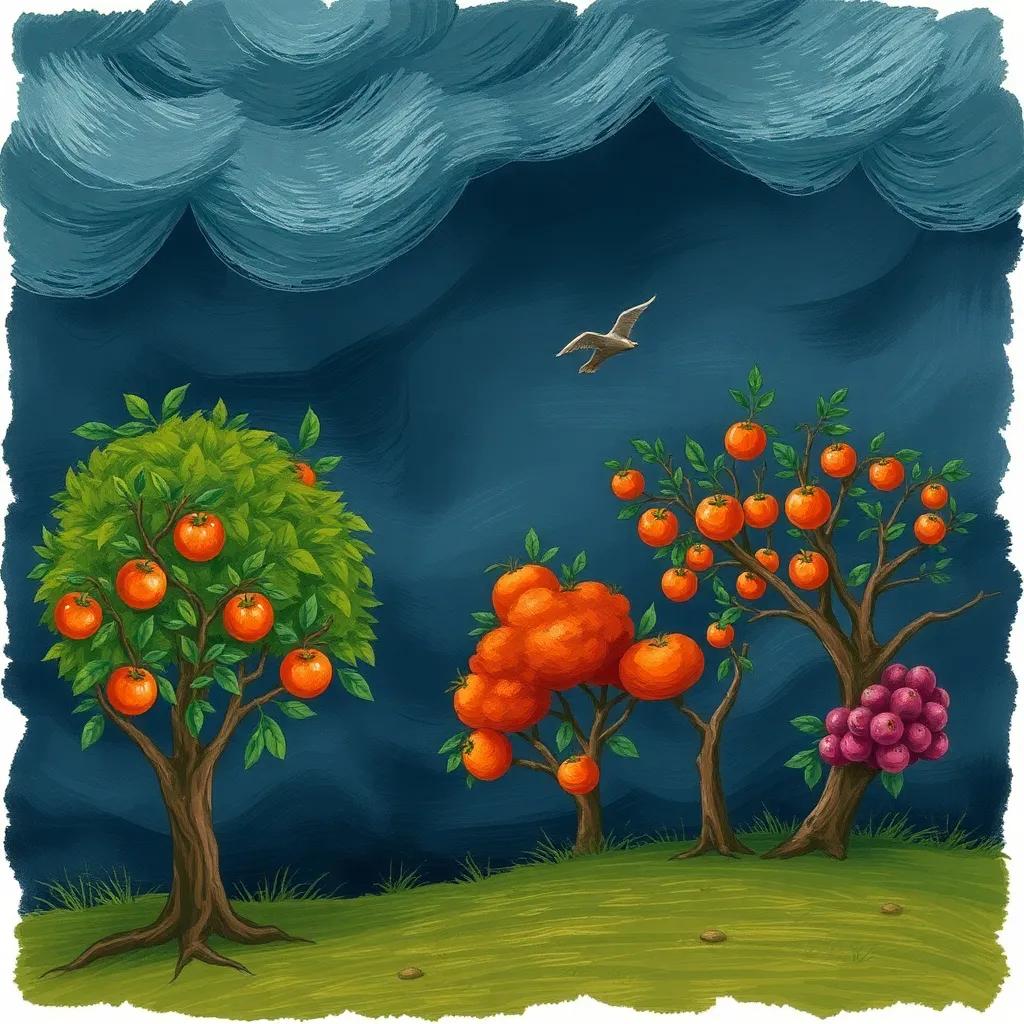 A stormy night with fierce winds, the apple tree bent slightly while the orange and pomegranate trees stand strong, darker sky, dramatic lighting, illustration, intense atmosphere