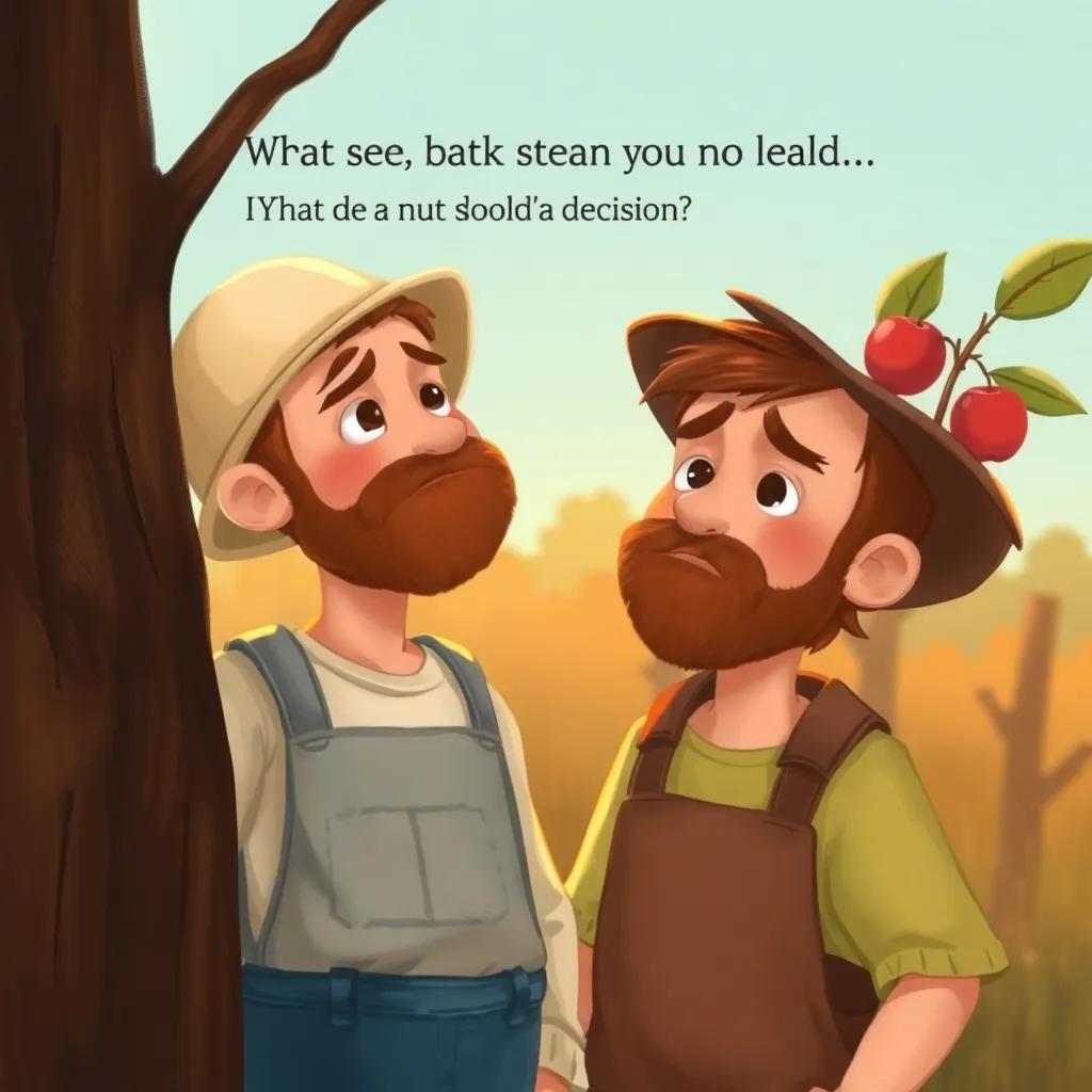 The farmer, with a sad expression, standing next to the small apple tree while contemplating his tough decision, warm light on his face, emotional artwork, deep tones, realistic features