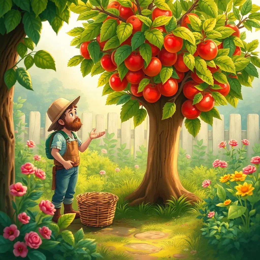 An idyllic garden scene, the farmer talking to the apple tree, trying to encourage it, surrounded by lush greenery, magical atmosphere, high detail, soft colors