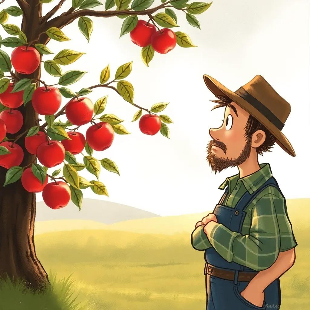 The day after the storm, the farmer looks thoughtfully at the apple tree again, soft morning light kissing the leaves, artistic style, reflective mood