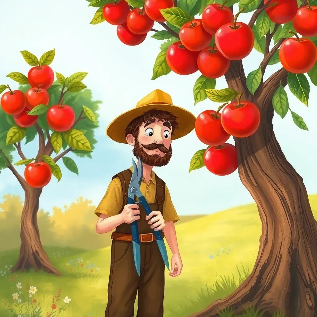 The farmer holding a pair of shears, standing before the apple tree, contemplating his decision with a melancholic look, vibrant colors, emotional depth