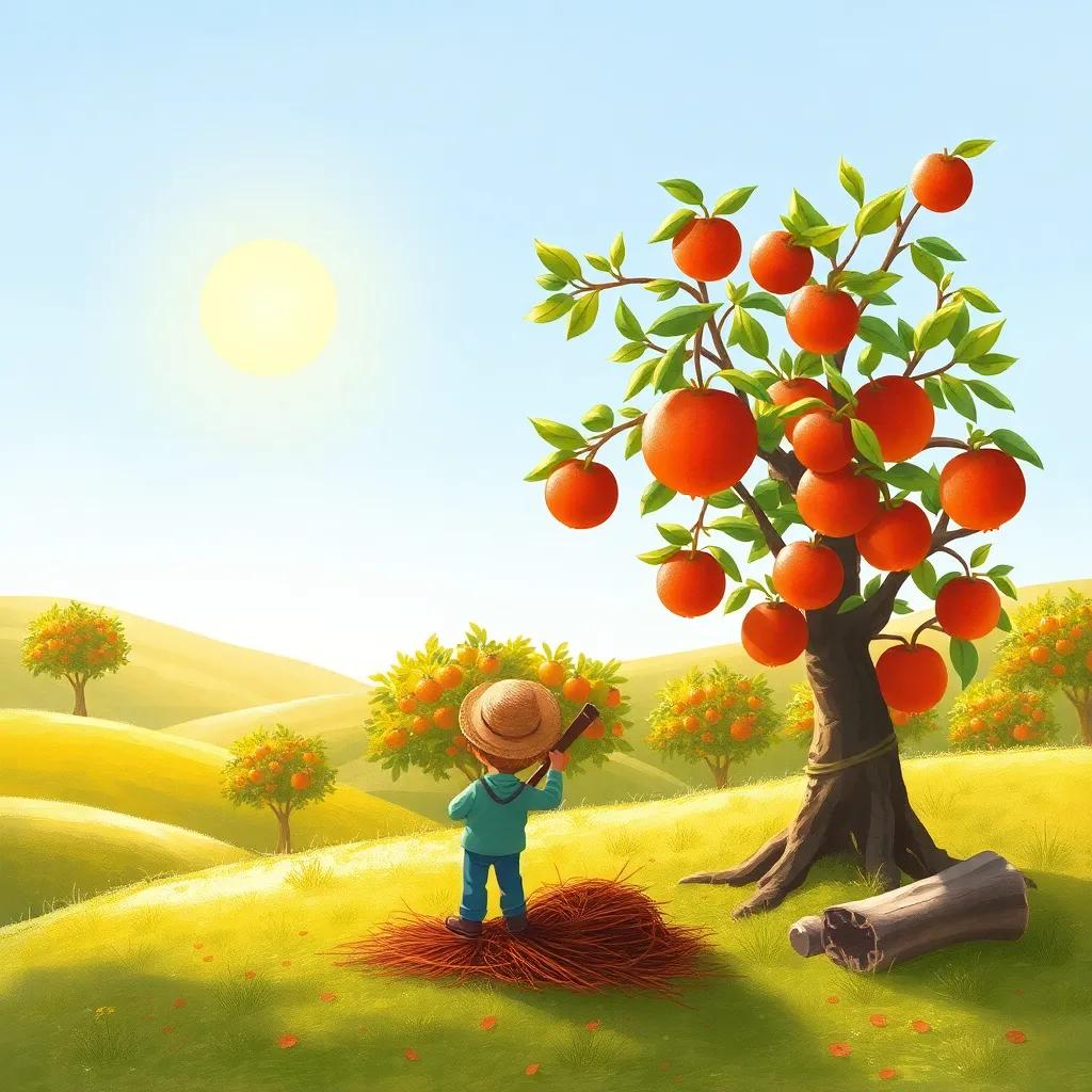 A serene landscape after cutting the apple tree down, the farmer looking at the flourishing orange and pomegranate trees in the sunlight, peaceful and calm, heartwarming atmosphere