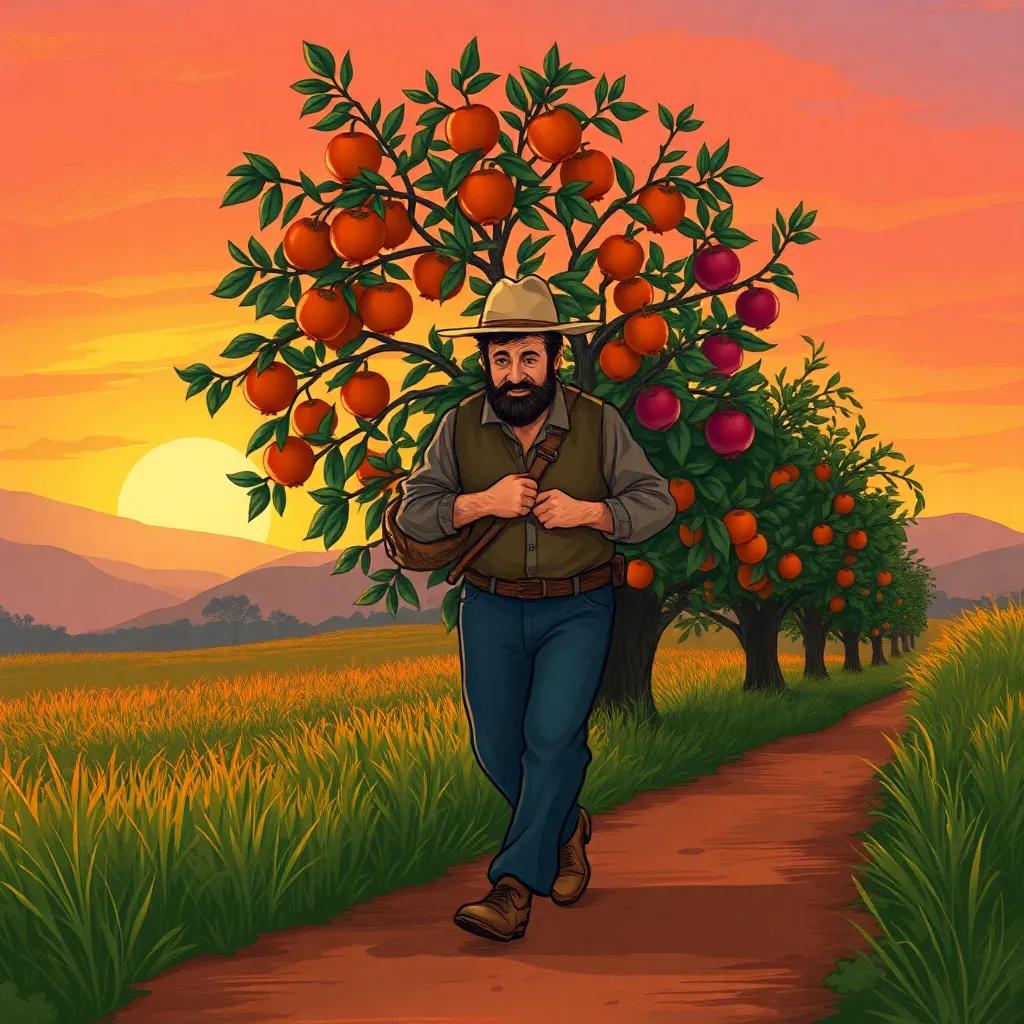 The farmer walking away with a heavy heart, with stronger orange and pomegranate trees behind him, fading sunset colors reflecting hope, storytelling scene, artistic detail
