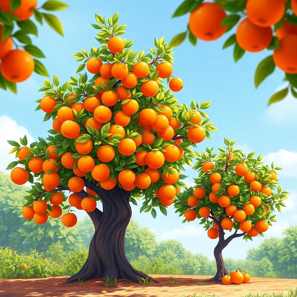 An orange tree, vibrant and flourishing, with bright oranges hanging from its branches, conversing with a smaller apple tree beside it, strength and kindness in its posture, sunny day, illustration, inviting scenery, detailed and colorful