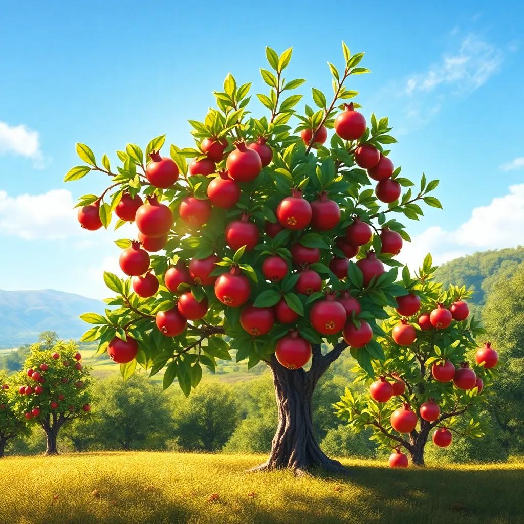 The pomegranate tree, lush and healthy, with shiny red pomegranates, standing proudly next to an apple tree, showing happiness and companionship, glowing sunlight, artful depiction, rich colors, enchanting landscape