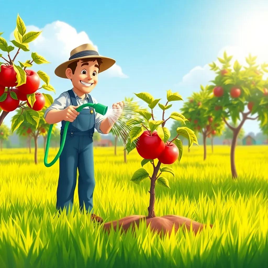The farmer watering the trees with a bright green hose, water shimmering in the sun, the apple tree looking small and droopy, surrounded by vibrant green grass, joyous setting, illustration, vivid colors, relaxed vibe