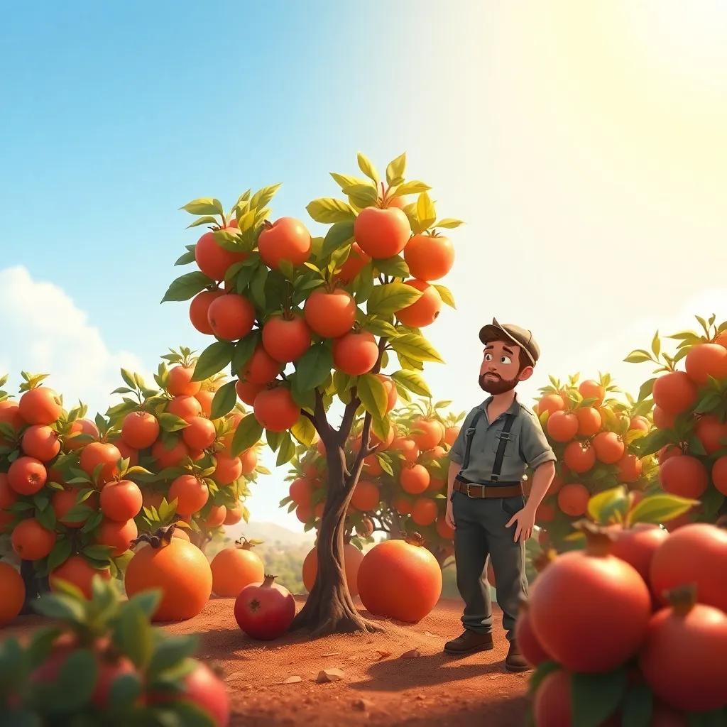 The apple tree looking very small and timid among the strong orange and pomegranate trees, the farmer standing beside the apple tree, looking thoughtful and sad, bright sunlight shining down on them, illustration, warm tones, caring theme