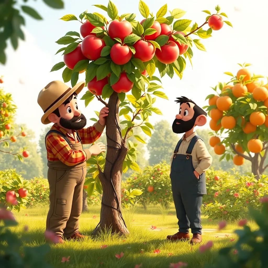 The farmer talking gently to the apple tree, trying to encourage it in a sunny garden, while the pomegranate and orange trees stand tall around, light breeze, nurturing environment, digital art, heartwarming, gentle colors