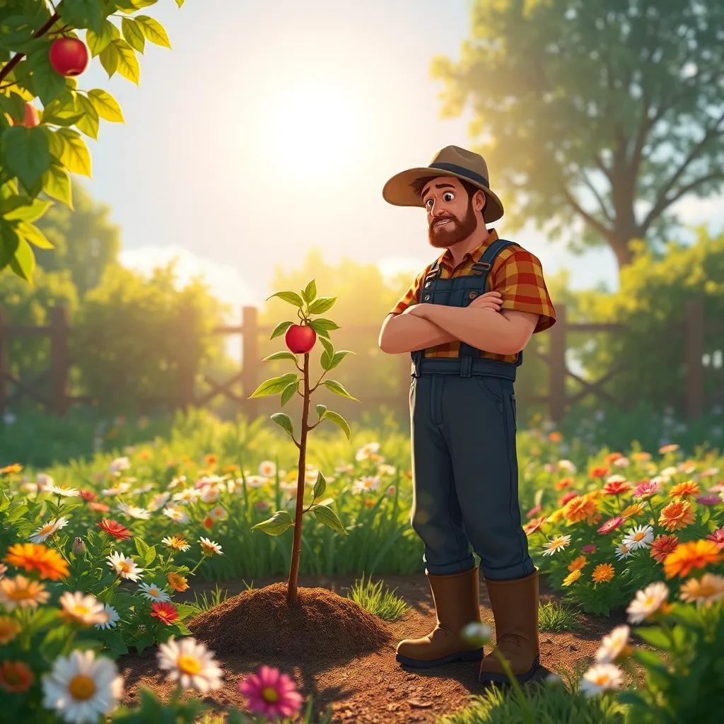 A careful farmer deciding to remove the small apple tree, standing with sadness but determination, bright sunlight casting warm light over the garden, colorful flowers around, illustration, emotional moment, serene quality